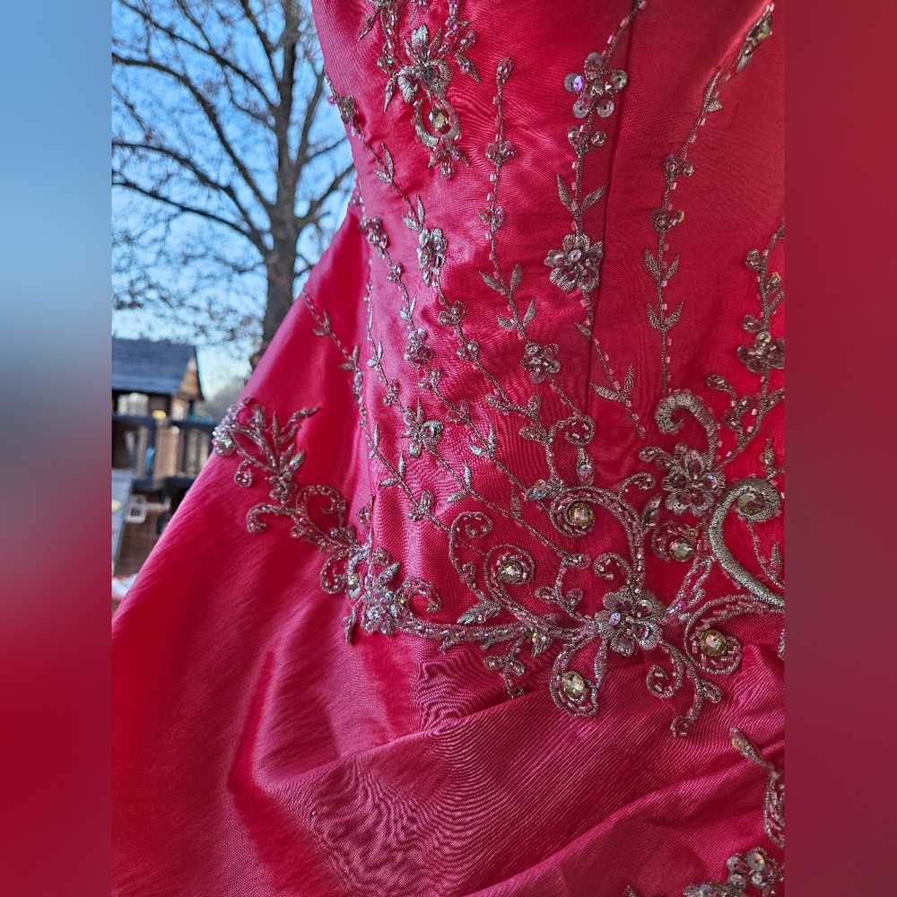 Watermelon Pink Embellished Strapless Gown - Picture 13 of 16